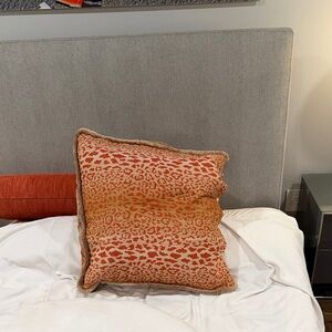 Rose Tree custom made Tan and orange animal print 24” square sham fringe buttons